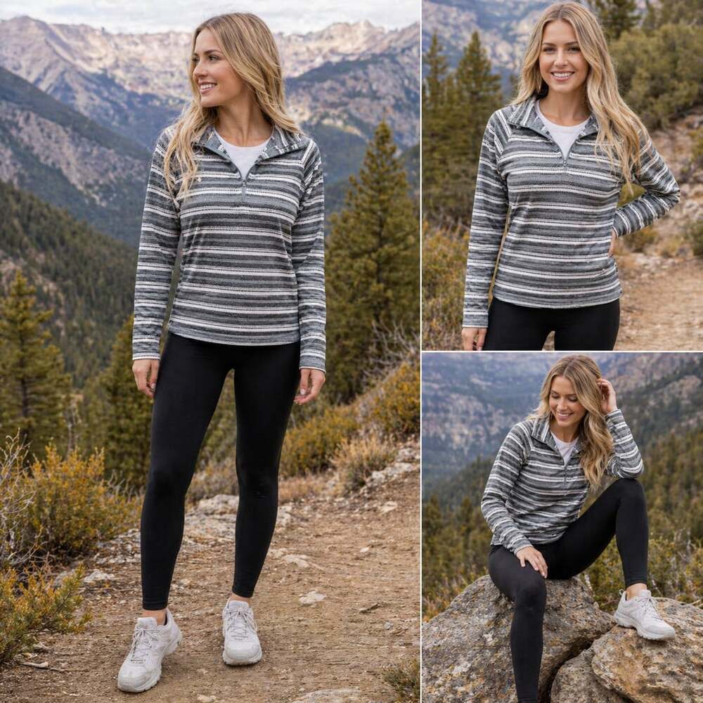 Eddie Bauer Grey White Striped Fleece 1/4 Zip Pullover Size XL